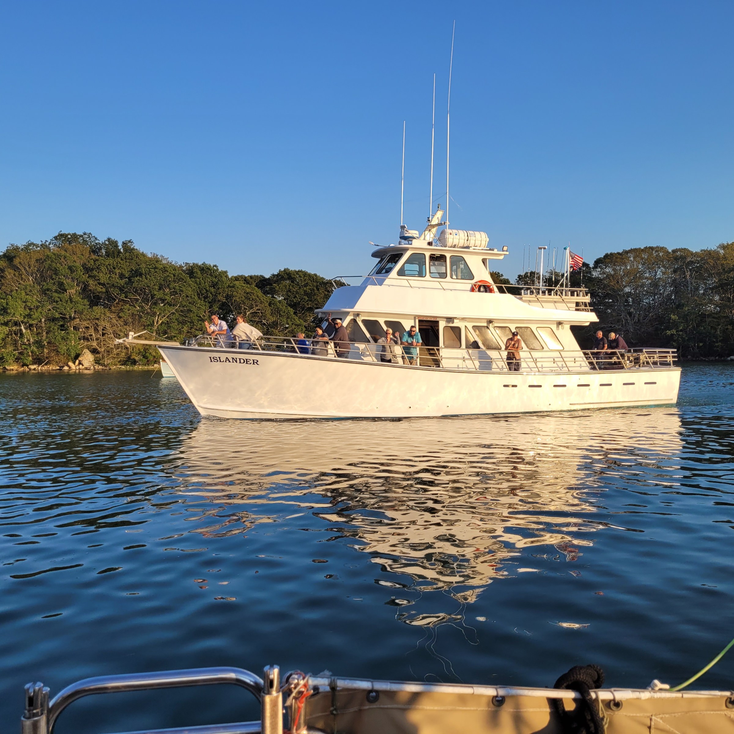 White boat on calm water near a wooded shoreline under clear blue sky.