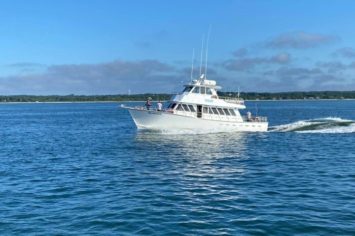 White boat cruising on calm blue water under clear sky.