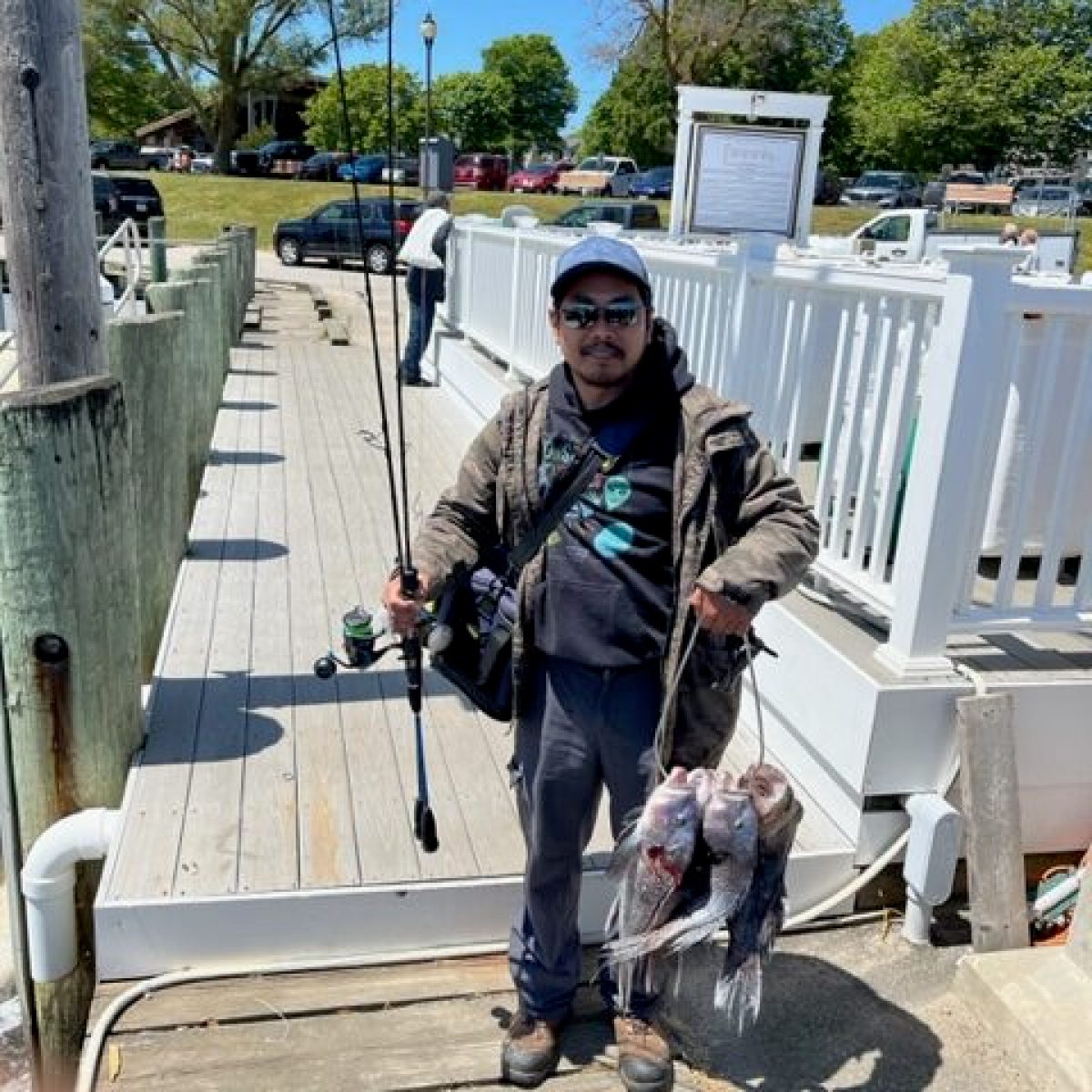 Person holding fishing rod and fish on a dock, with trees and vehicles in the background.