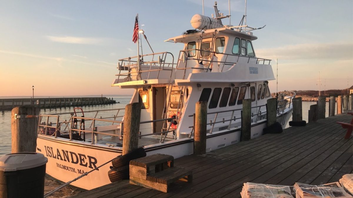 White boat docked at sunset with a flag waving.