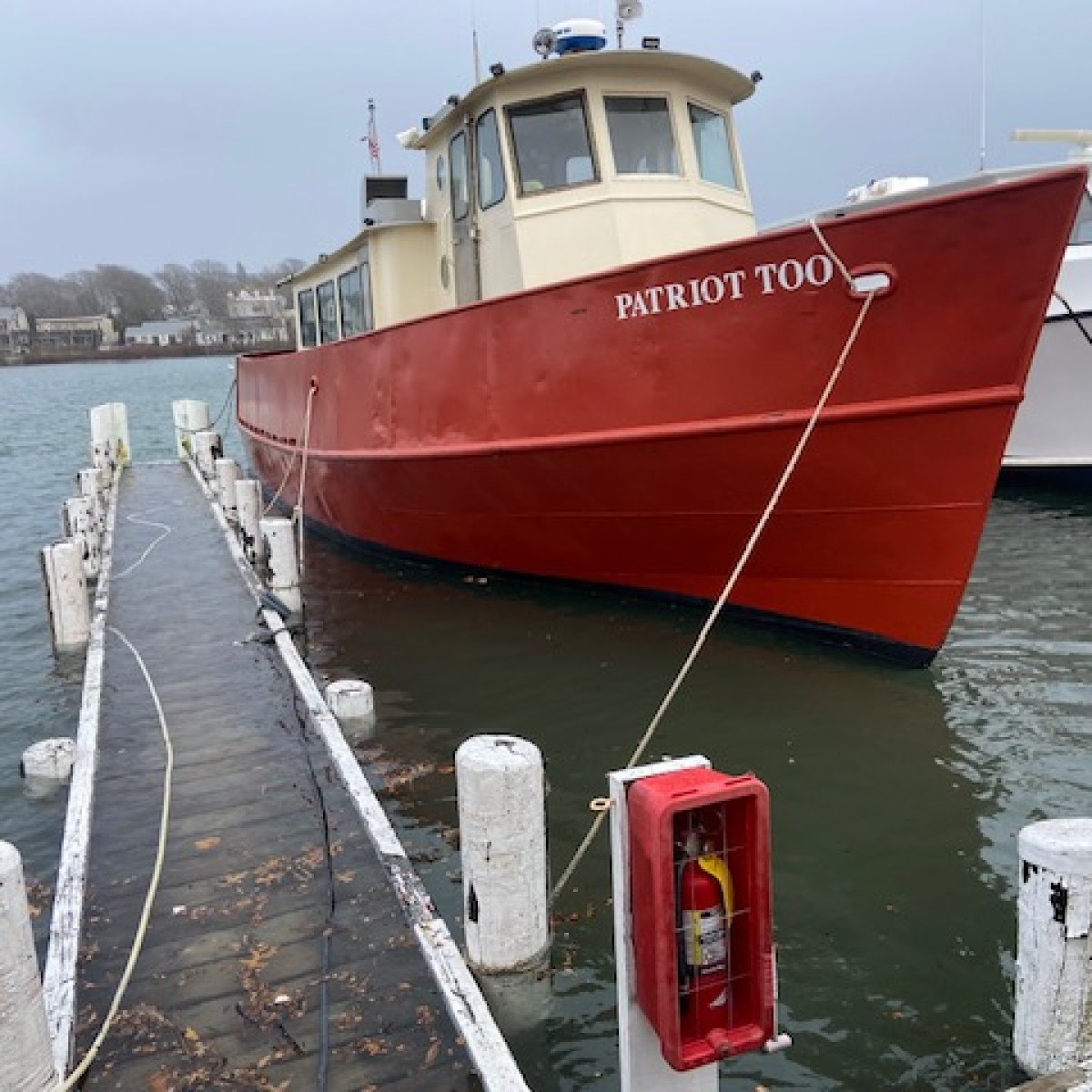 Red boat 'PATRIOT TOO' docked at a wooden pier on a cloudy day.
