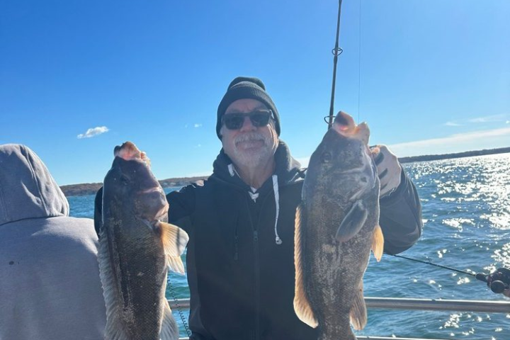 Person holding two large fish on a boat with ocean background.