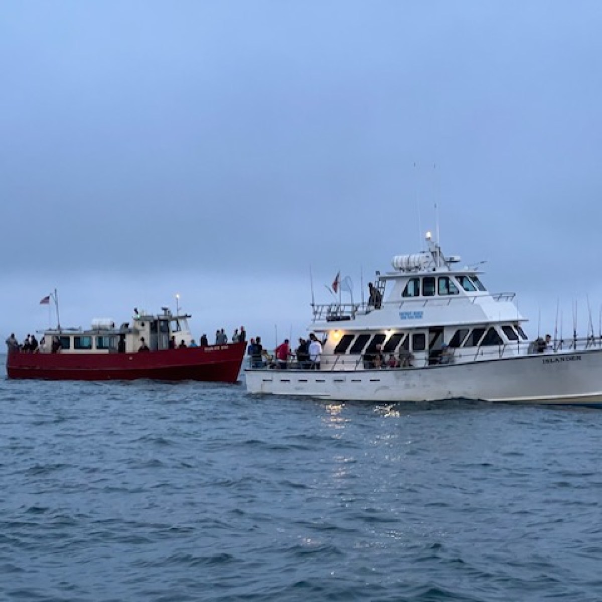 Two boats on calm water under a cloudy sky, one red and one white.