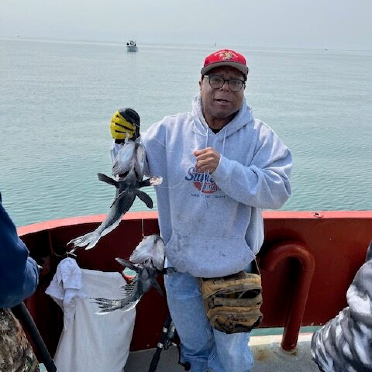 Person holding fish on a boat by the sea.