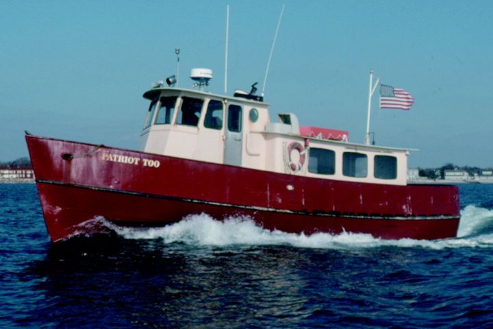 Red and white boat named 'Patriot Too' on water with American flag.